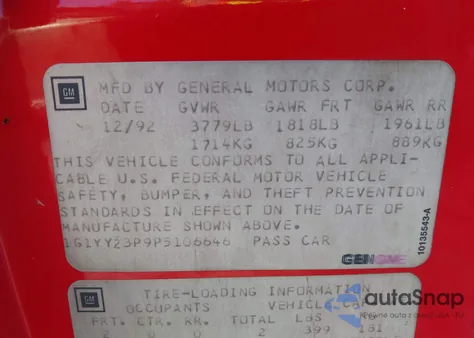 1993 Chevrolet Corvette from USA, damaged, VIN 1G1YY23P9P5106646